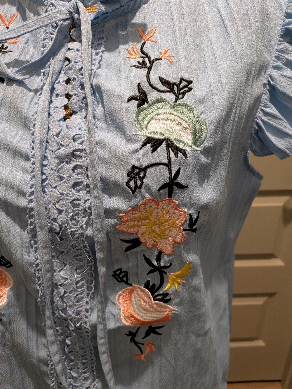 Light Blue Embroidered Ruffle Sleeve Top - Picture 6 of 7